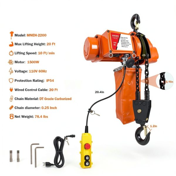 Electric Chain Hoist Winch 1Ton, 20Ft Wired Remote Control w/Emergency Stop Switch Double Chain Design Max Load 2200lbs Max Lift Height 20Ft 120V Crane Hoist for Garage Ceiling-6
